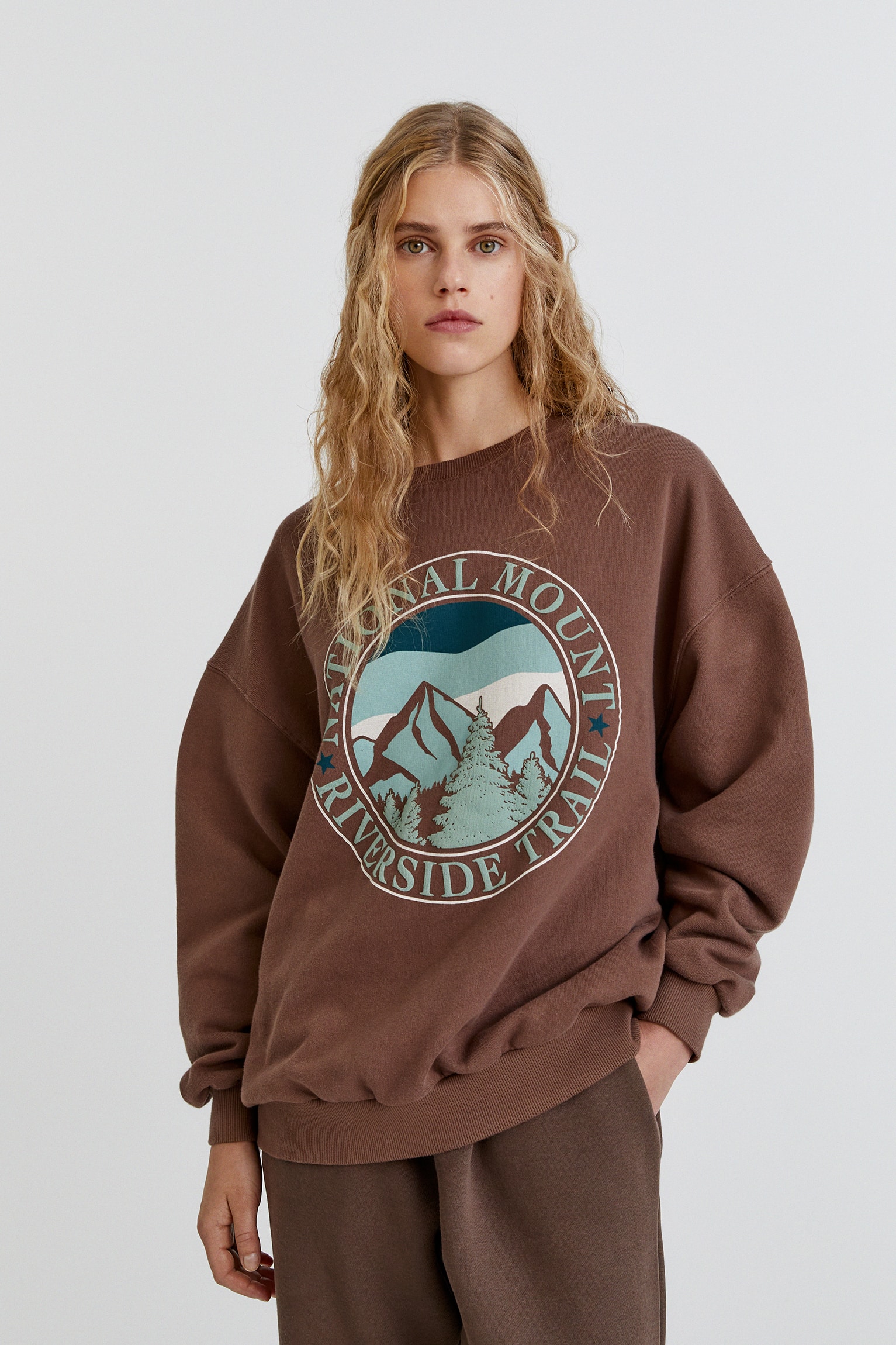 Sudadera marrón con gráfico de montaña